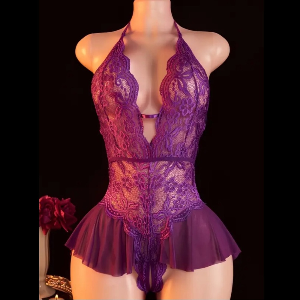 Purple, Floral Lace, Crotchless Bodysuit